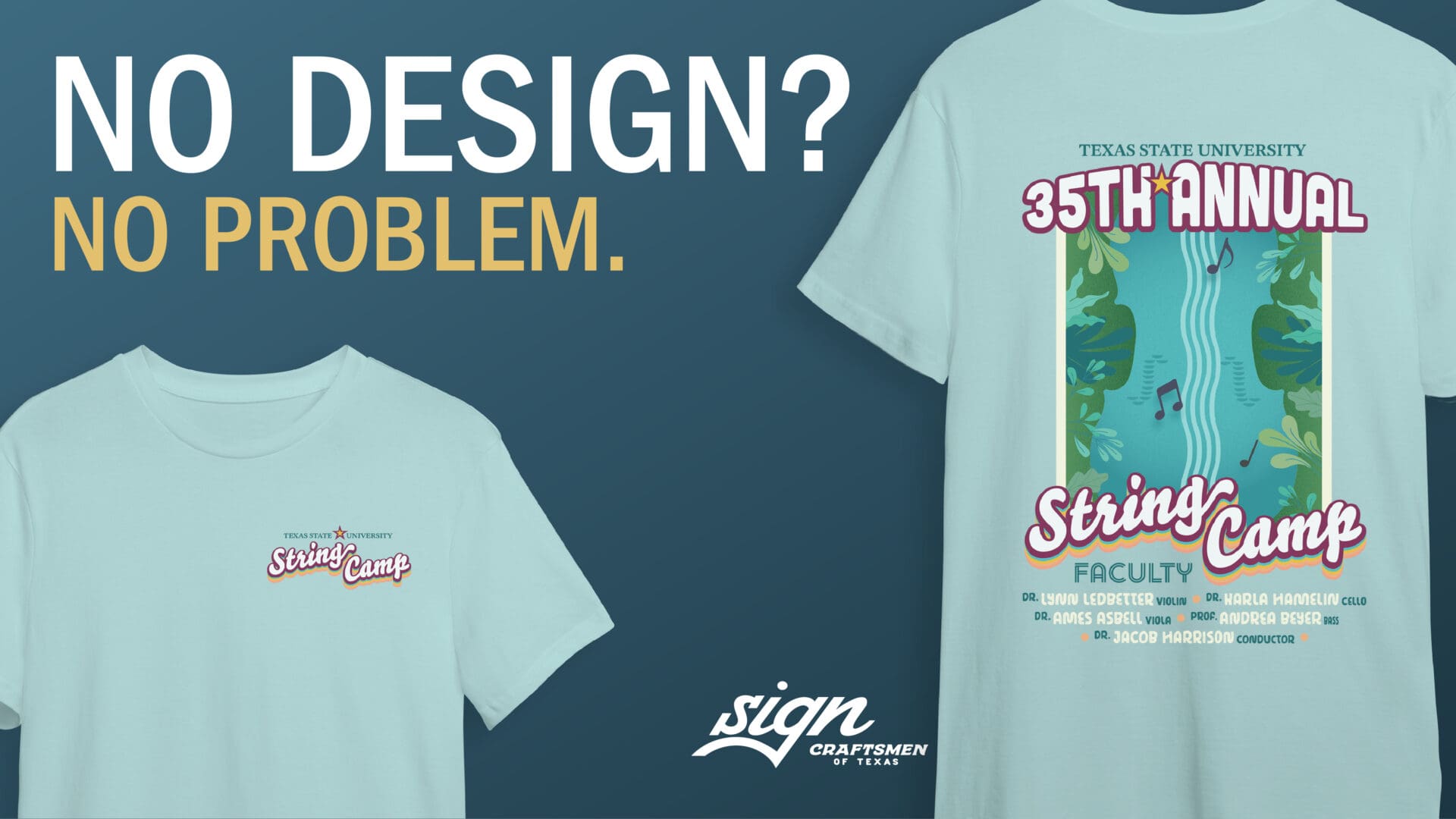 Promotional layout showing two teal tees